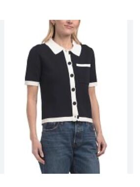 NWT Elie Tahari Black Short-Sleeve Button Cardigan with White Trim